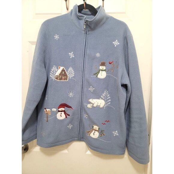 Croft & Barrow Snowy Winter Wonderland Embroidered Fleece Jacket Snowman & Polar - Picture 2 of 12